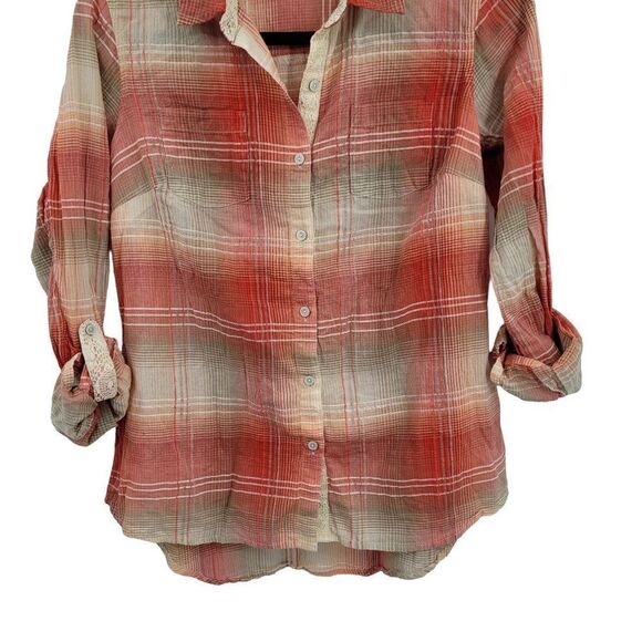 Dress Barn Lightweight Roll Tab Sleeve Blouse S Peach Coral Plaid Button India - Picture 10 of 15